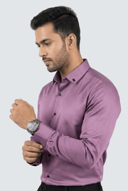 Men's lavender satin slim-fit button-up shirt with long sleeves and black button front.