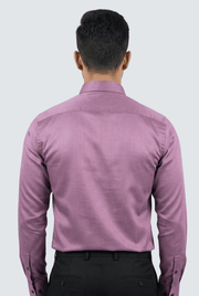 Men's lavender satin shirt back view, slim fit, long sleeves, buttoned cuffs.