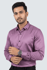 Men's lavender satin button-up shirt, slim fit, long sleeves, small black buttons.