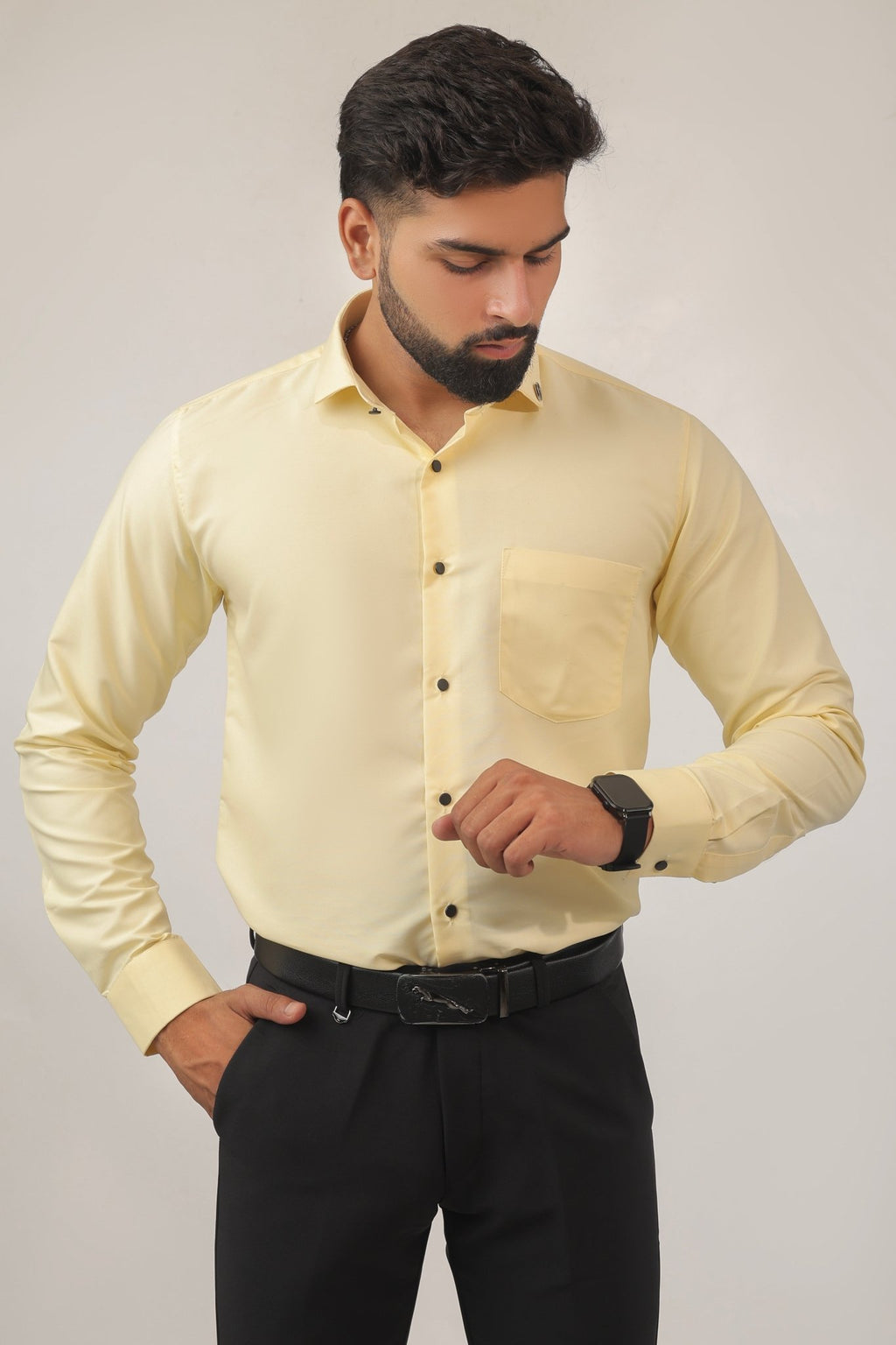 Lemon yellow cotton men's shirt – slim fit front view