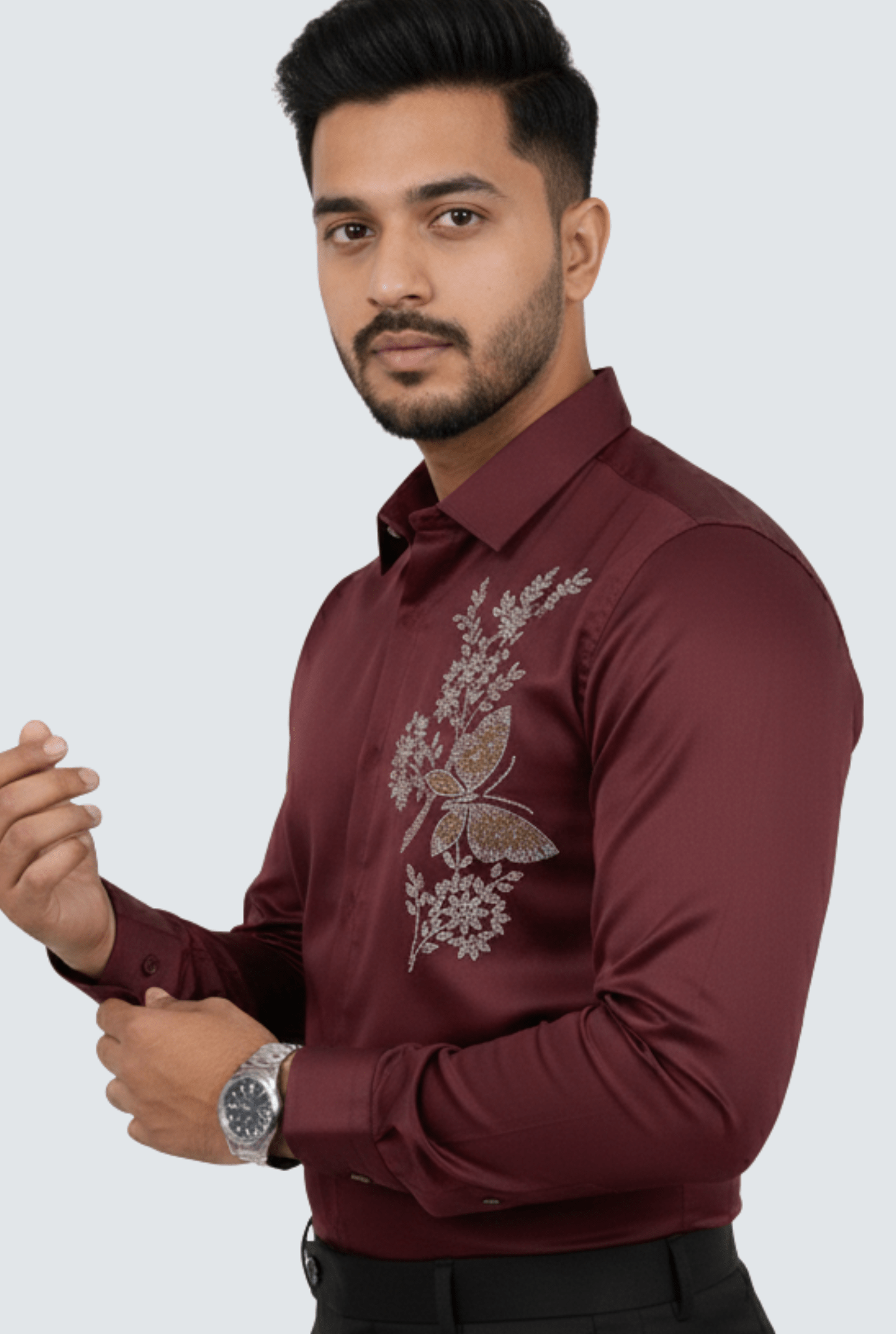 Maroon Imperial Embroidered Satin Shirt (1807) - KITES CLUB