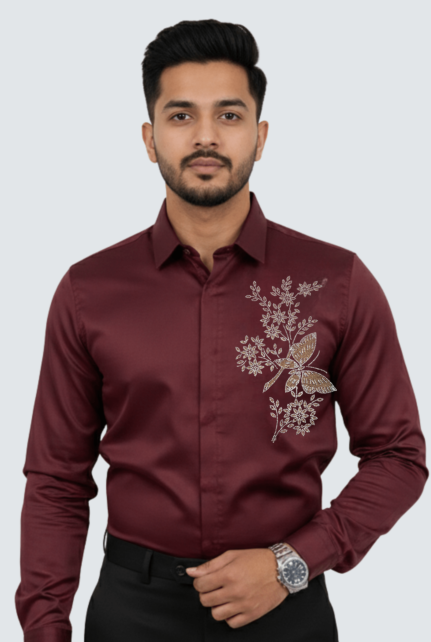 Maroon Imperial Embroidered Satin Shirt (1807) - KITES CLUB