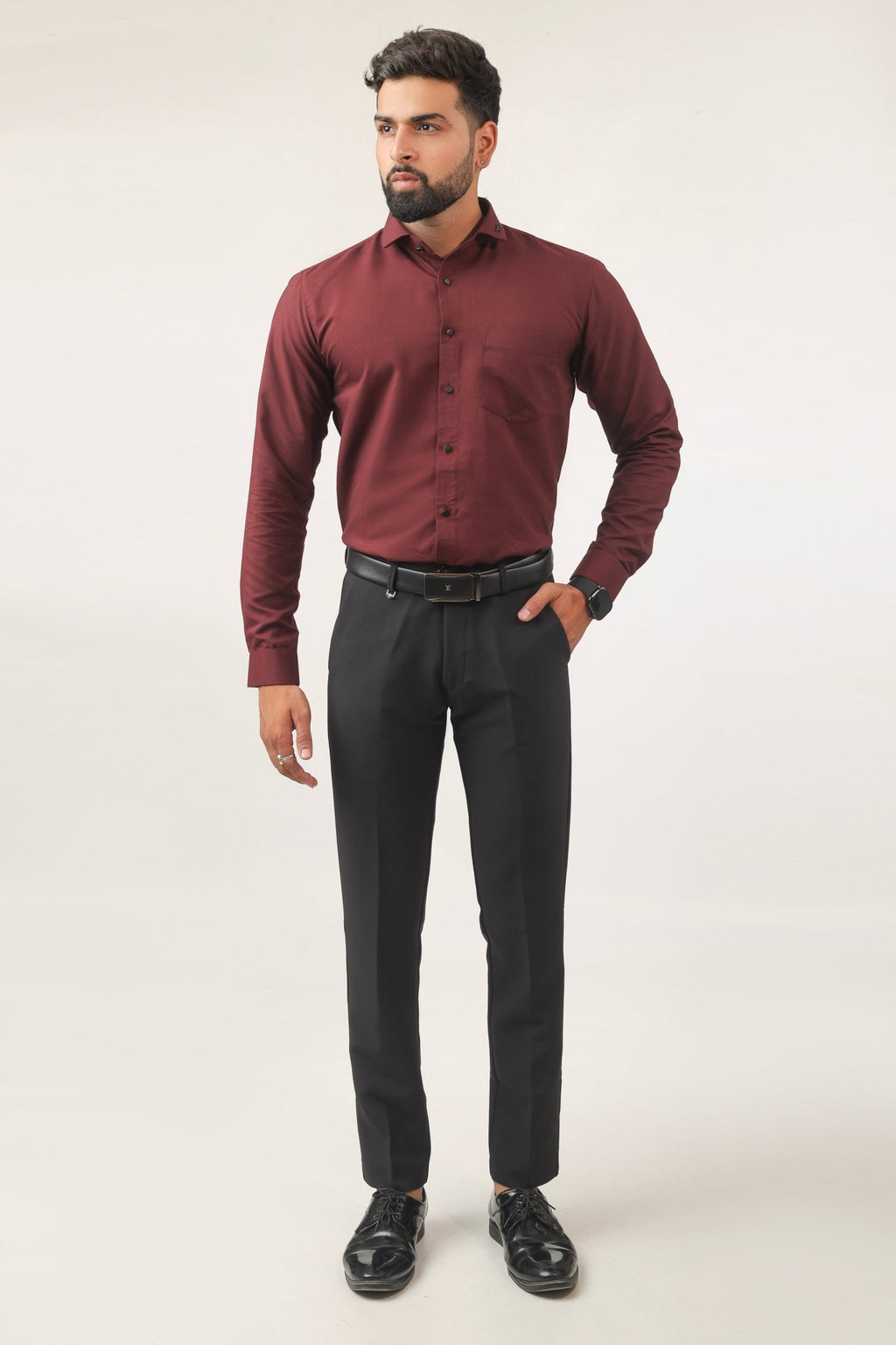 Model wearing maroon shirt – perfect festive look