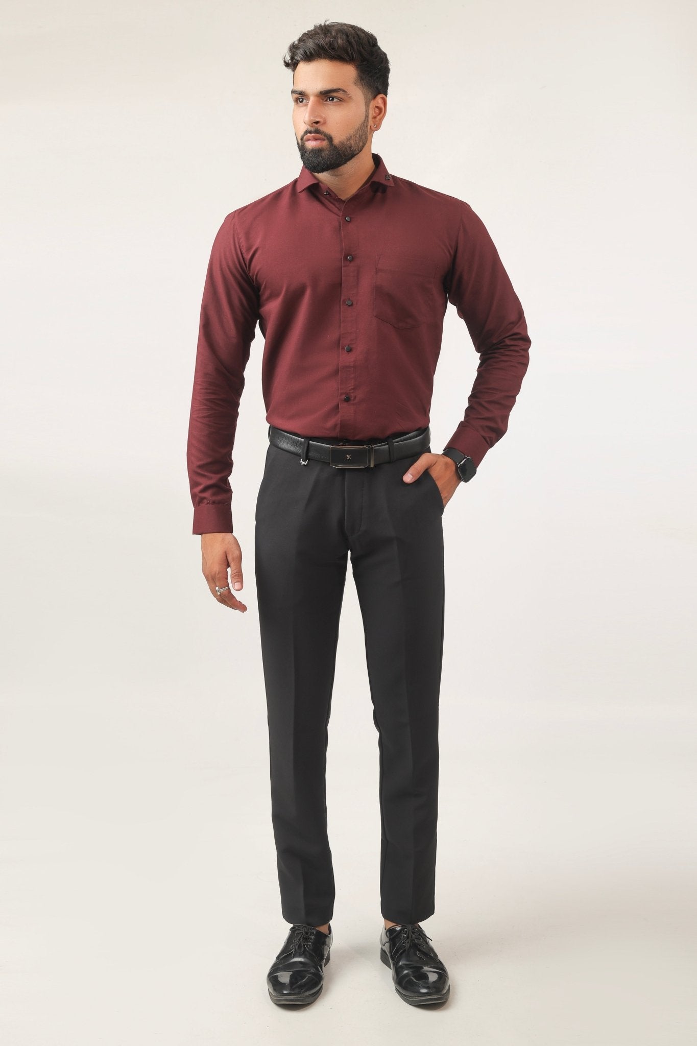 Model wearing maroon shirt – perfect festive look