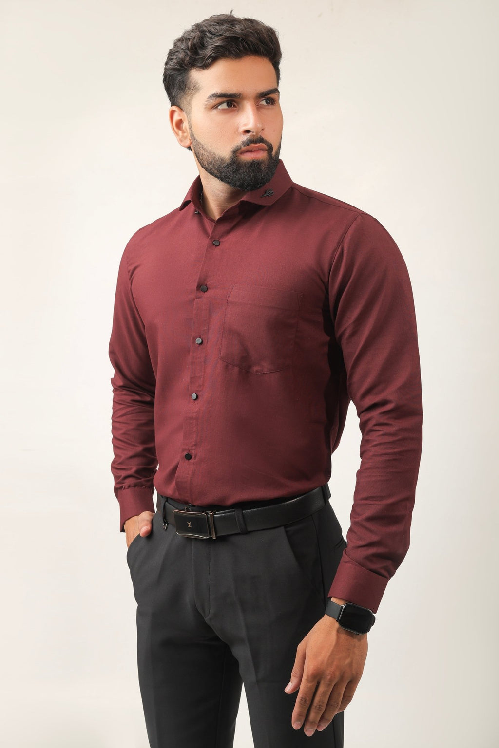 Side view of maroon cotton shirt for men – elegant style