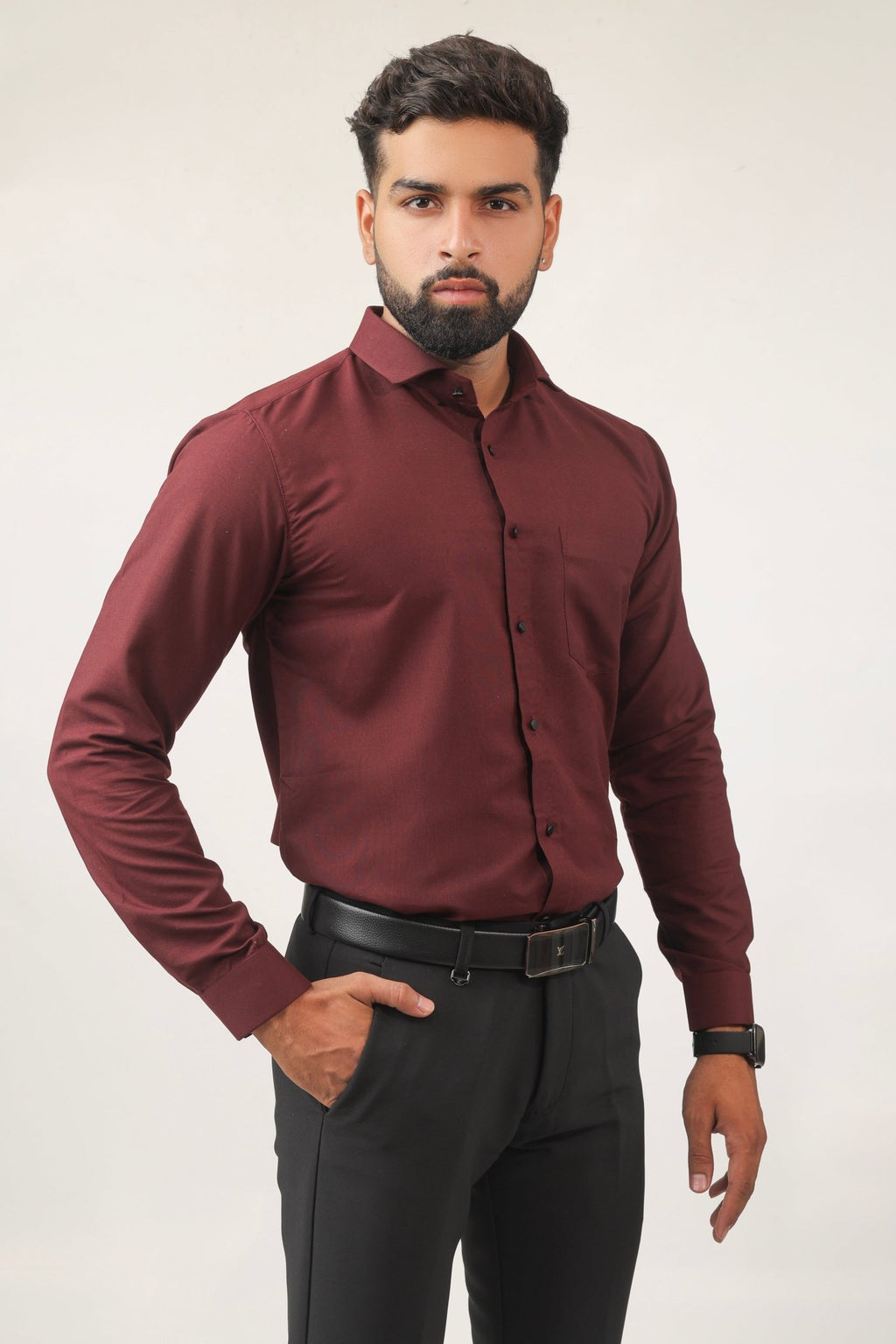 Side view of maroon cotton shirt for men – elegant style
