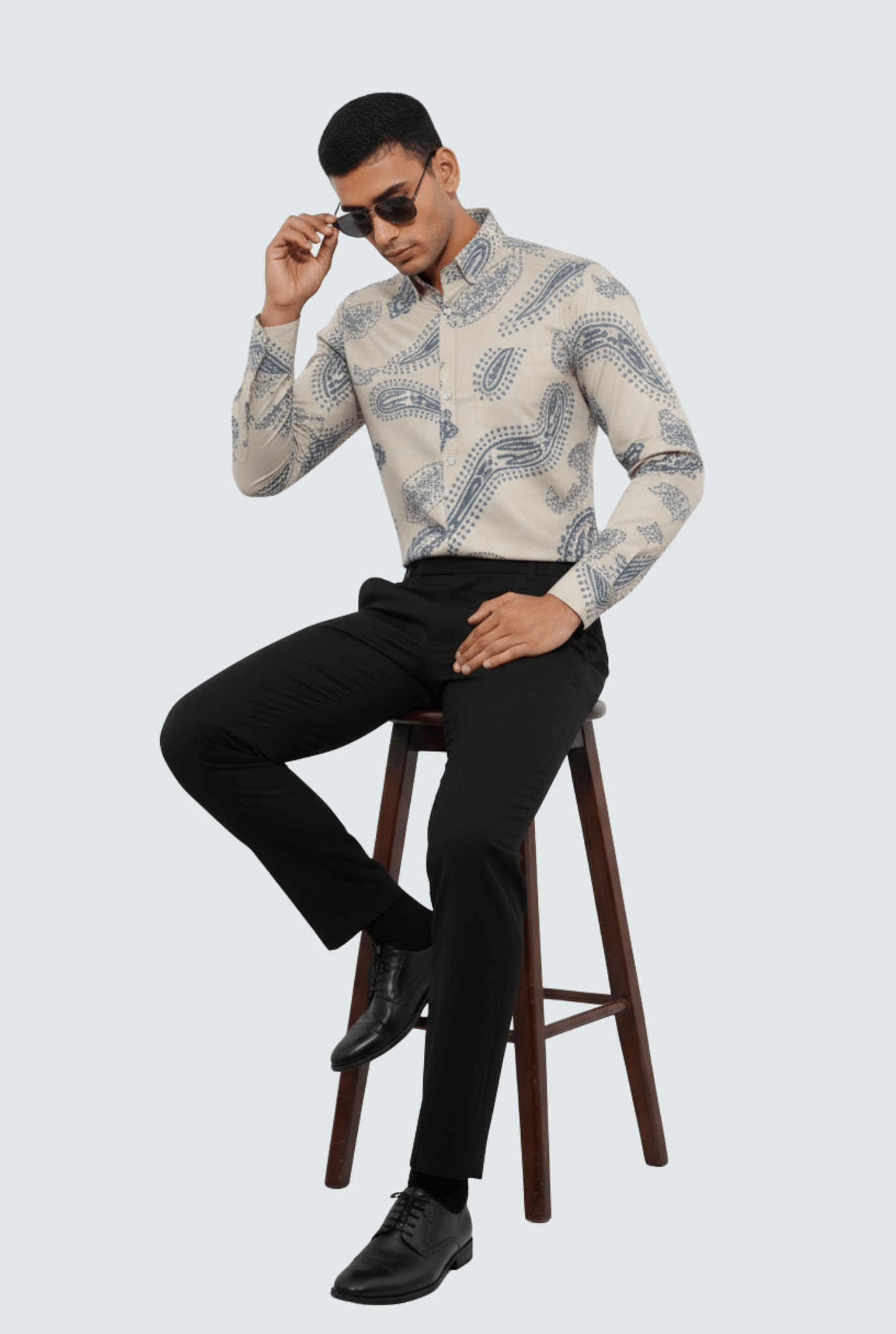 Men’s Beige Cotton Printed Shirt – Premium Regular Fit (Blue Pattern)1742 - KITES CLUB