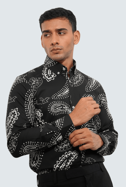Men’s Black Cotton Printed Shirt – Premium Regular Wear(1742) - KITES CLUB