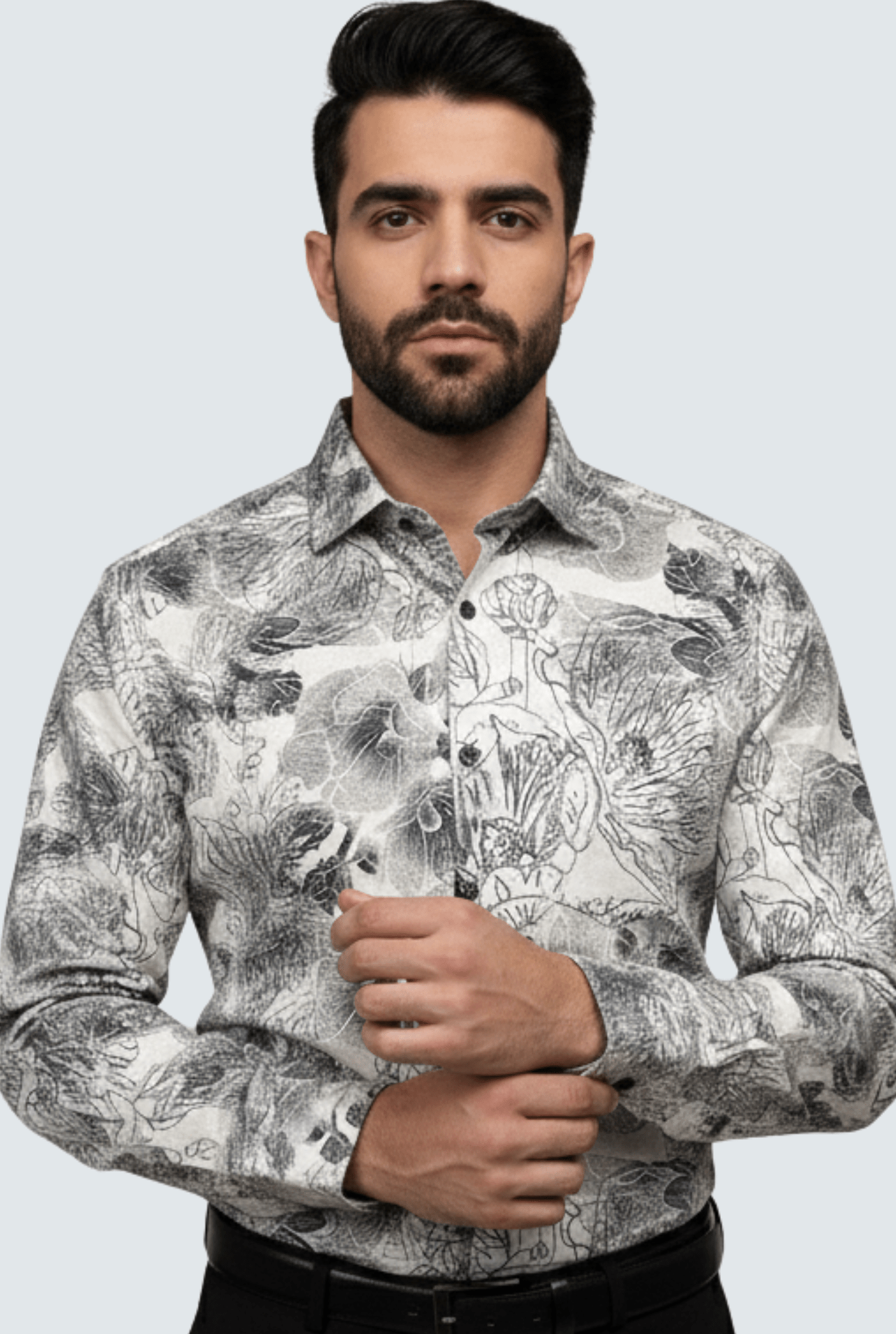 "Men’s Black & White Floral Printed Shirt " A - (1712) - KITES CLUB
