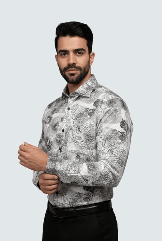 "Men’s Black & White Floral Printed Shirt " A - (1712) - KITES CLUB