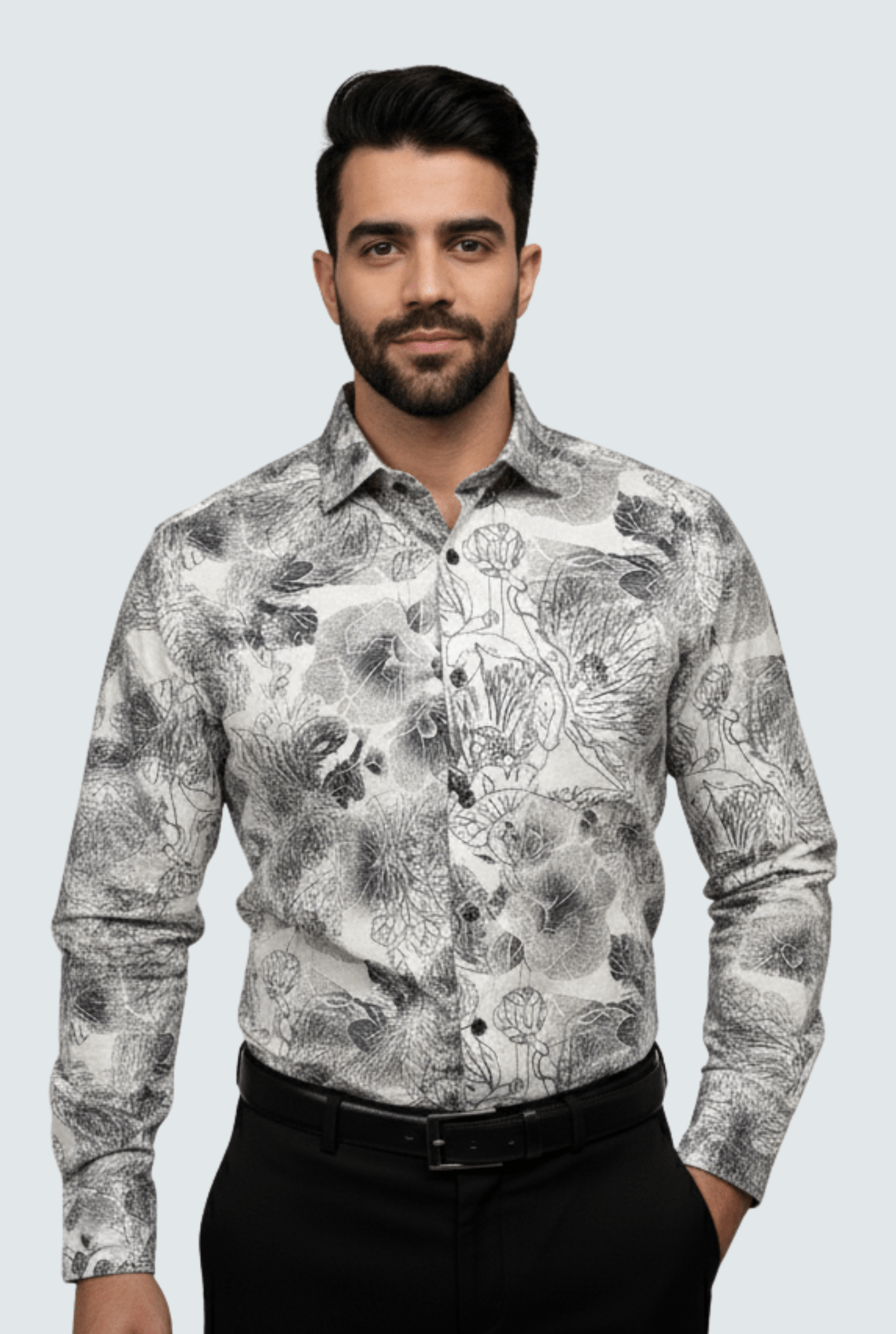 "Men’s Black & White Floral Printed Shirt " A - (1712) - KITES CLUB