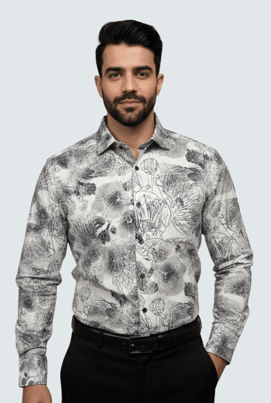 "Men’s Black & White Floral Printed Shirt " A - (1712) - KITES CLUB