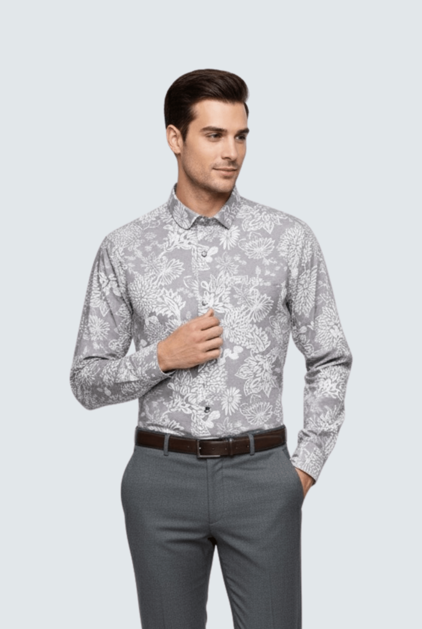 "Men’s Cotton Floral Shirt – Light Purple with White Print " A - (1706) - KITES CLUB