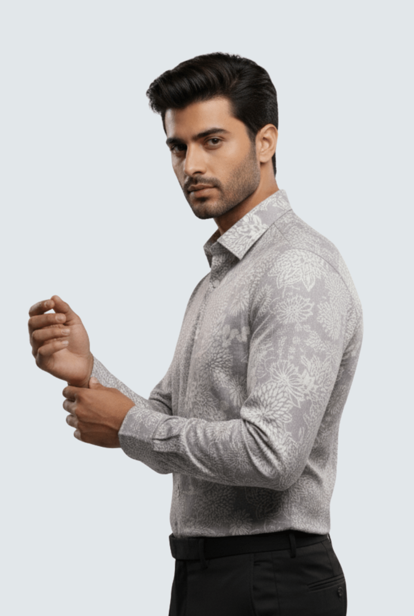 "Men’s Cotton Floral Shirt – Light Purple with White Print " A - (1706) - KITES CLUB