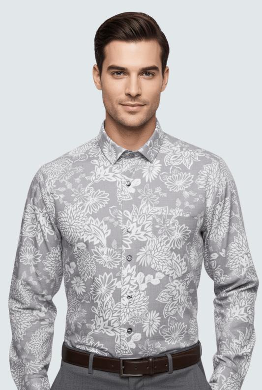 "Men’s Cotton Floral Shirt – Light Purple with White Print " A - (1706) - KITES CLUB