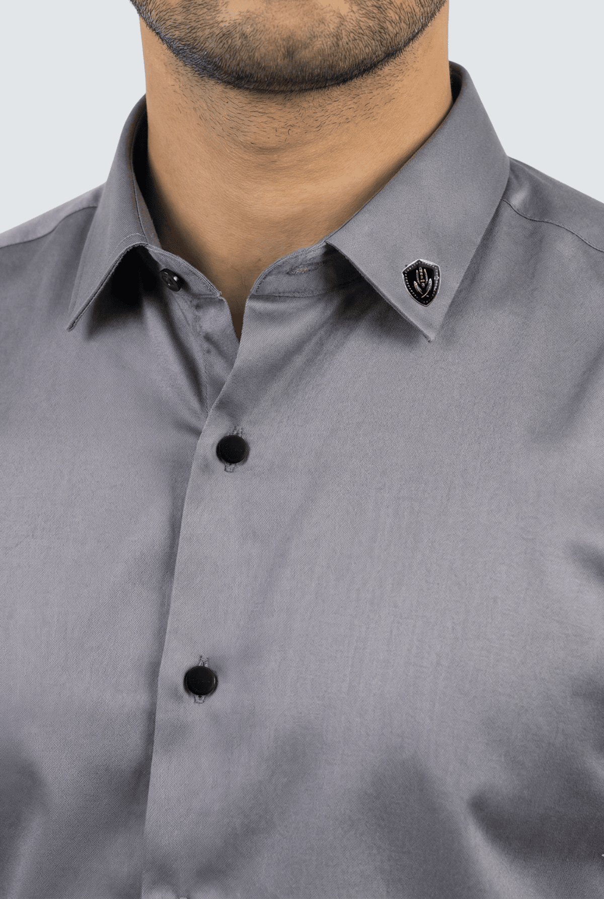 Men's dark grey satin shirt close-up of collar and button placket