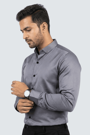 Men's dark grey satin button-up shirt, side view with long sleeves and collar