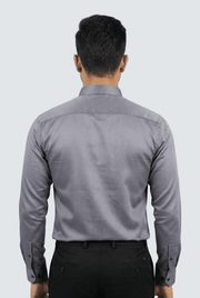 Men's dark grey satin button-up shirt, back view with long sleeves
