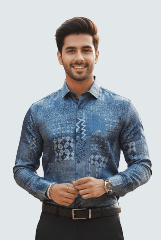 Men’s Blue Satin Printed Shirt - KITES CLUB