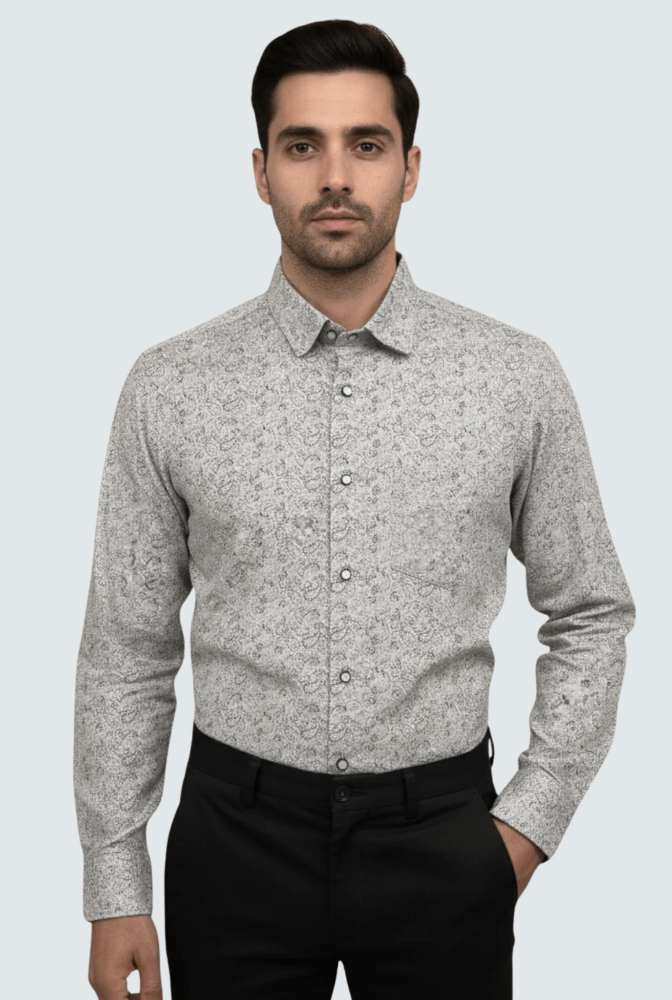 Men’s Grey Satin Printed Shirt – Premium Regular Fit(1748) - KITES CLUB