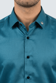 Men's teal satin button-down shirt close-up of collar and front buttons