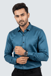Men's teal satin button-down shirt with spread collar and small chest logo