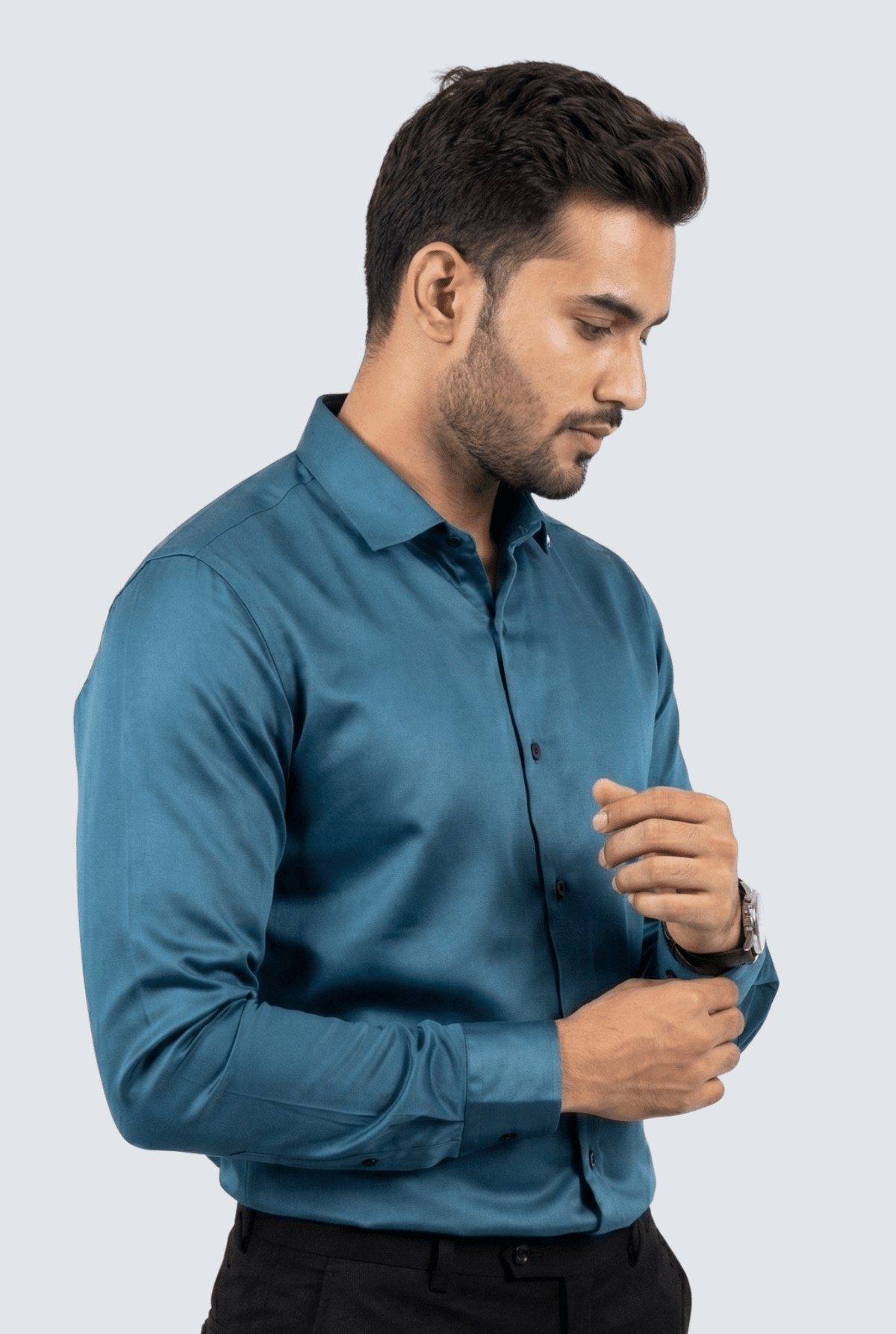 Men's teal satin button-down shirt with long sleeves and front buttons