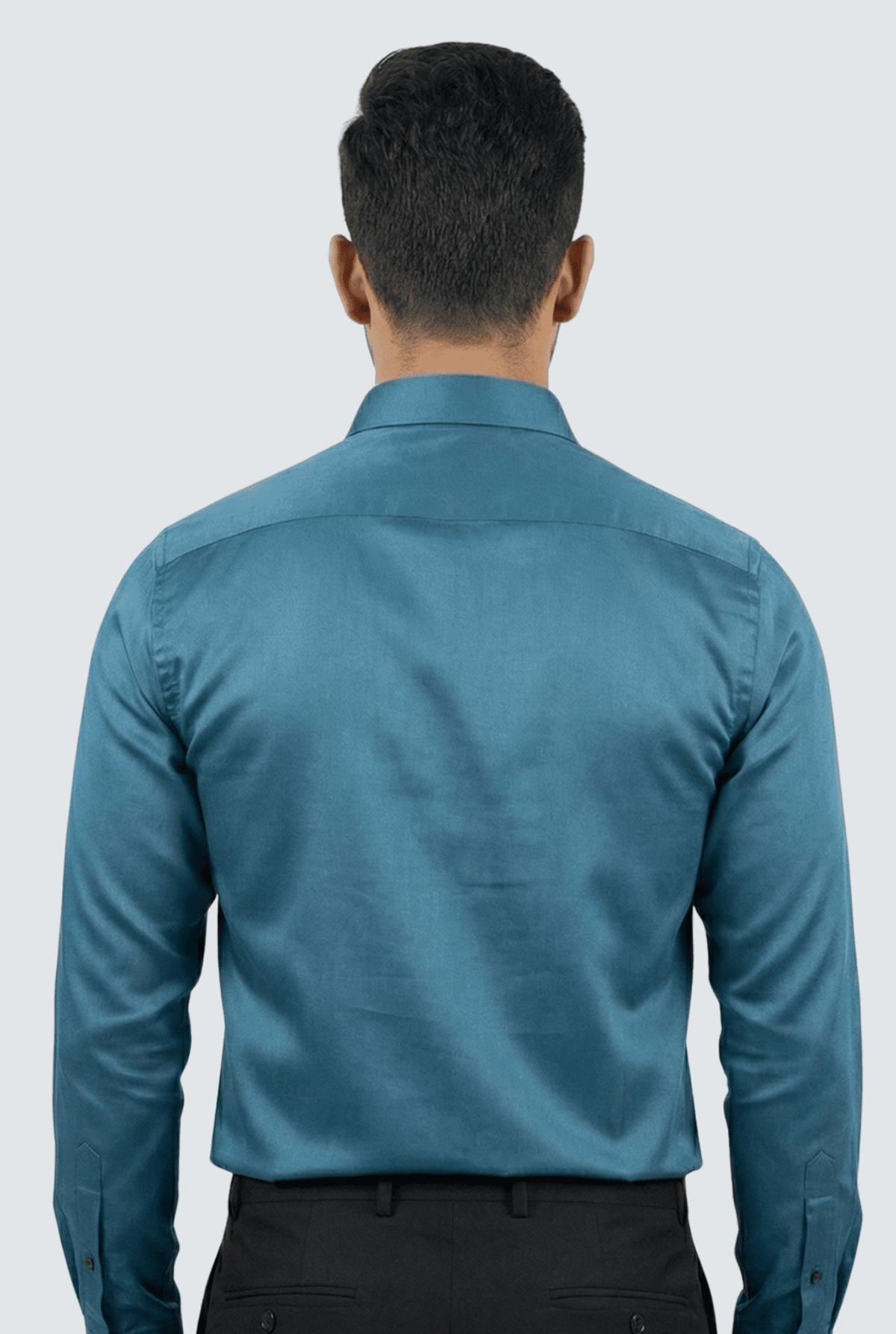 Men's teal satin button-down shirt back view with smooth shoulder yoke