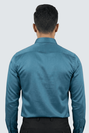 Men's teal satin button-down shirt back view with smooth shoulder yoke