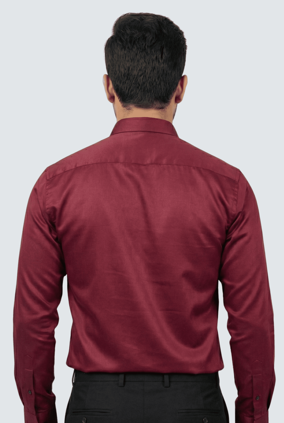 Men's maroon satin dress shirt back view with long sleeves and button cuffs