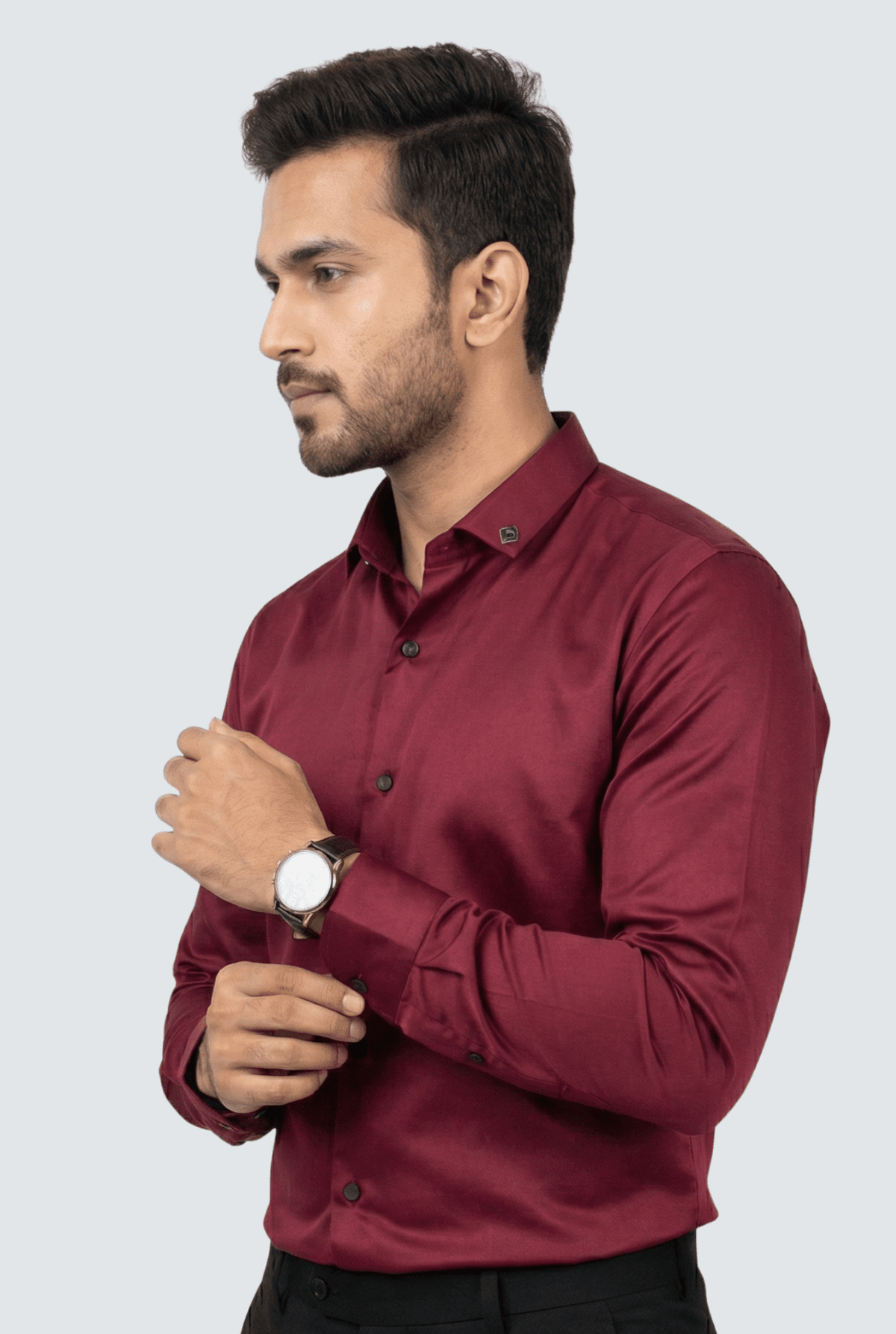 Men's maroon satin dress shirt, side view, button-down collar and cuffs