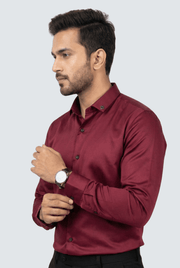 Men's maroon satin dress shirt, side view, button-down collar and cuffs