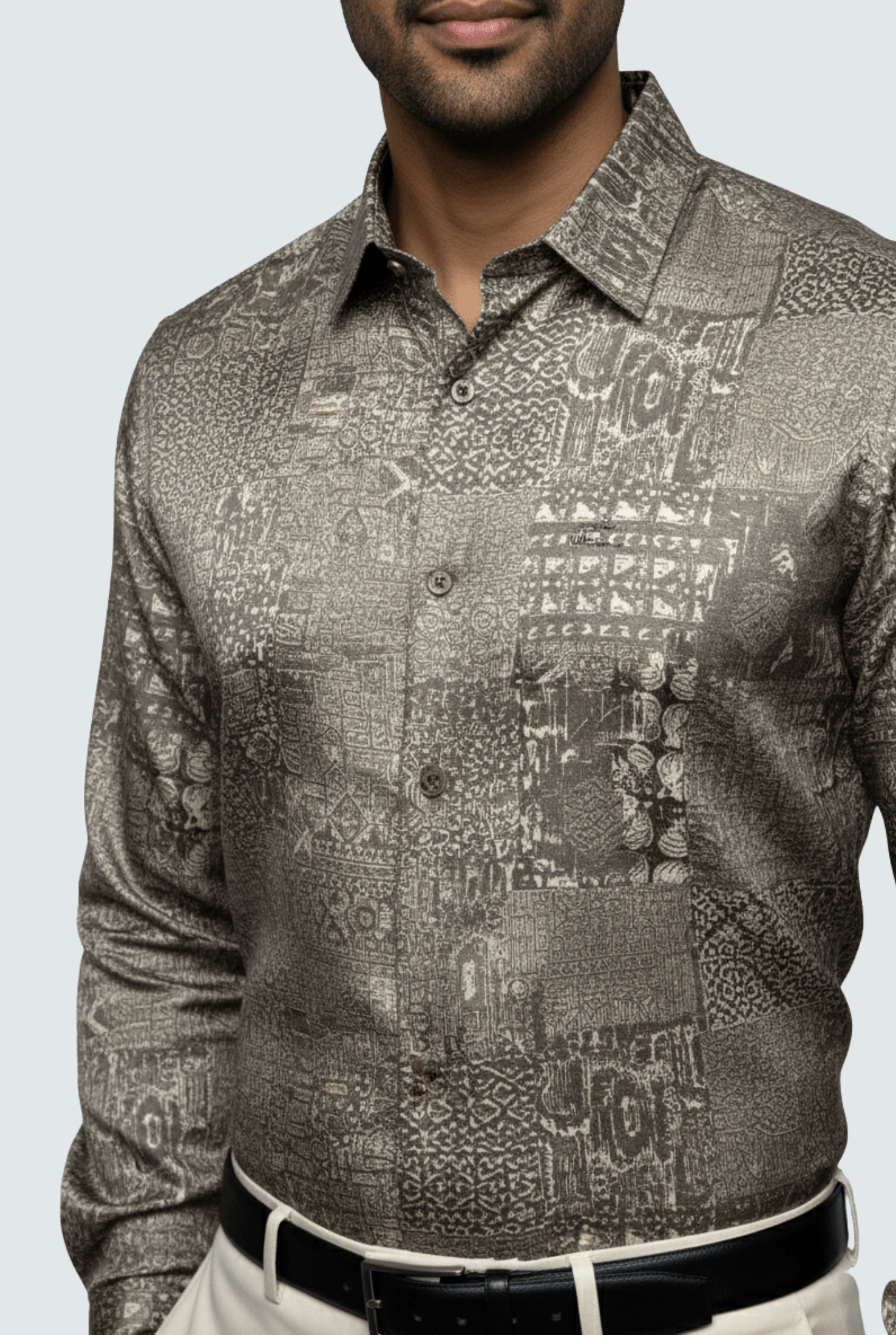 "Men’s Satin Printed Shirt – Beige Grey Pattern | Full Sleeve Party Wear" A - (1700) - KITES CLUB