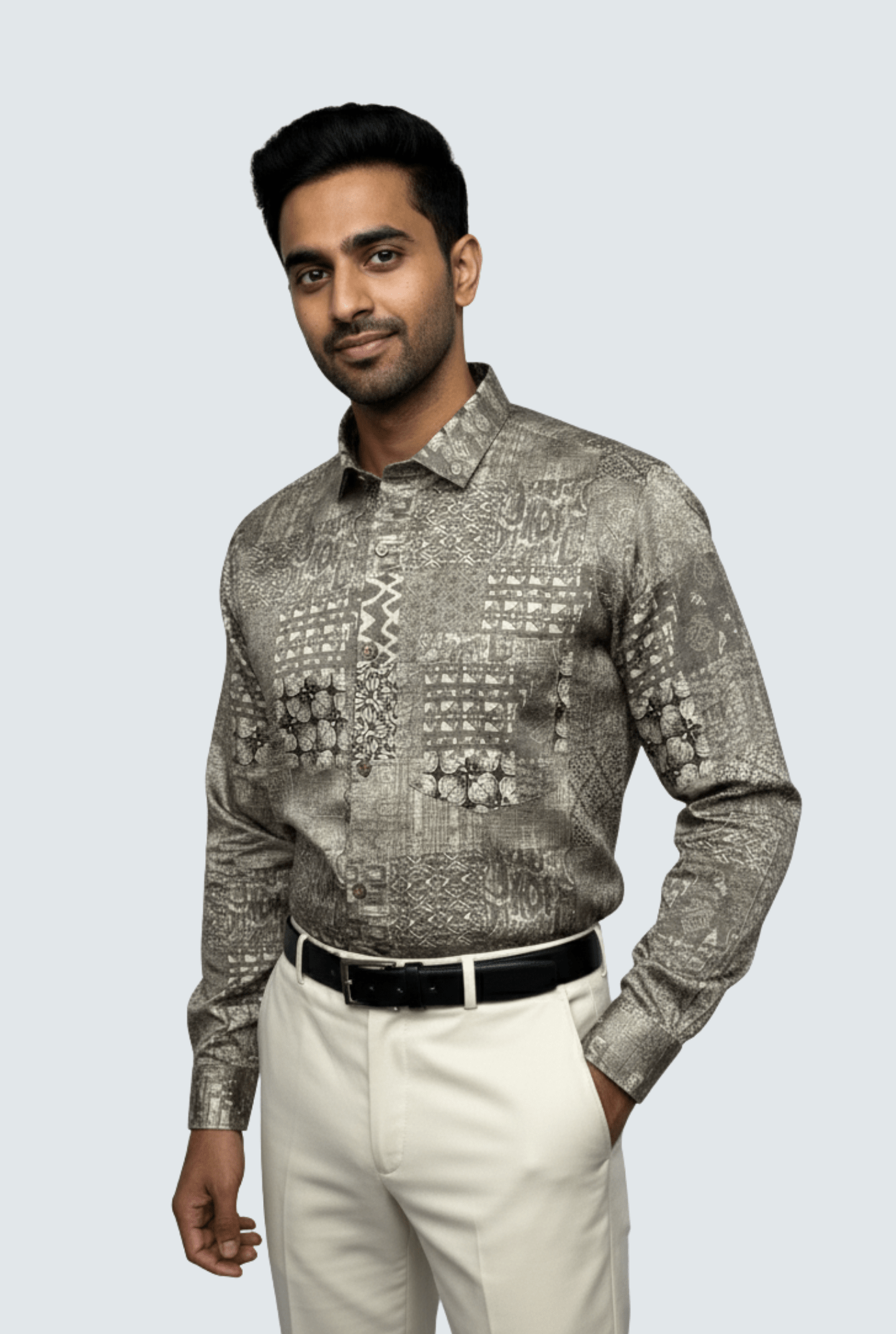 "Men’s Satin Printed Shirt – Beige Grey Pattern | Full Sleeve Party Wear" A - (1700) - KITES CLUB