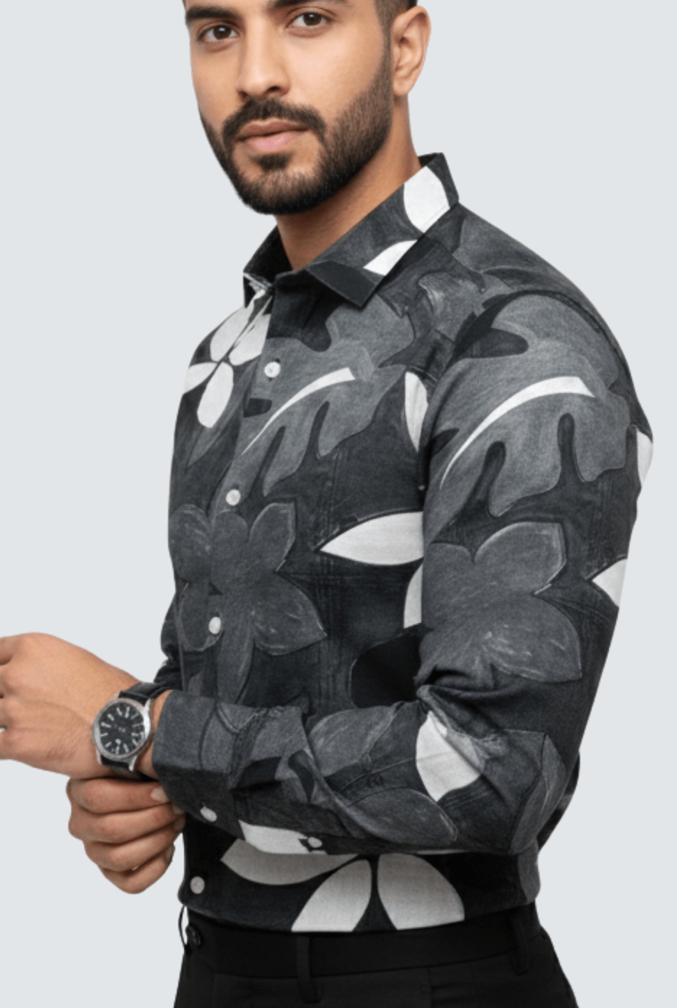 Men’s Satin Printed Shirt – Black Floral Print (1798) - KITES CLUB