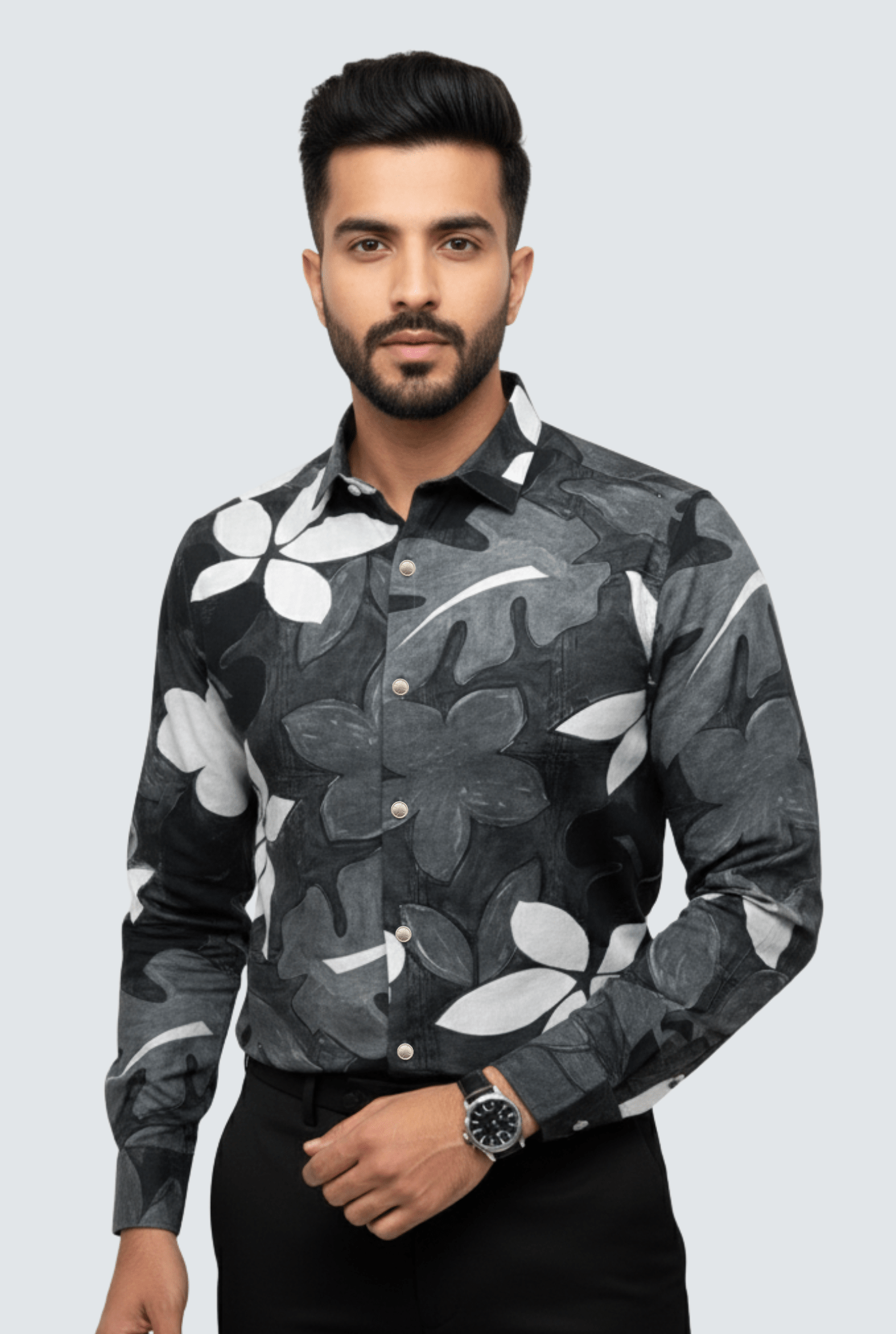 Men’s Satin Printed Shirt – Black Floral Print (1798) - KITES CLUB