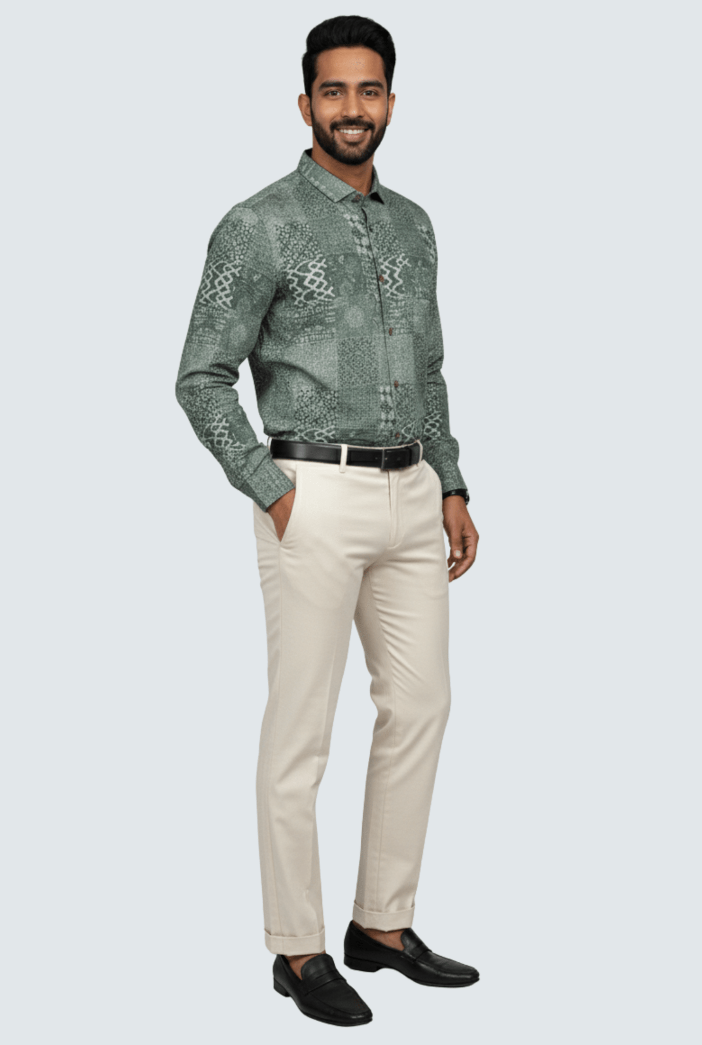 "Men’s Satin Printed Shirt – Green Pattern " A - (1700) - KITES CLUB