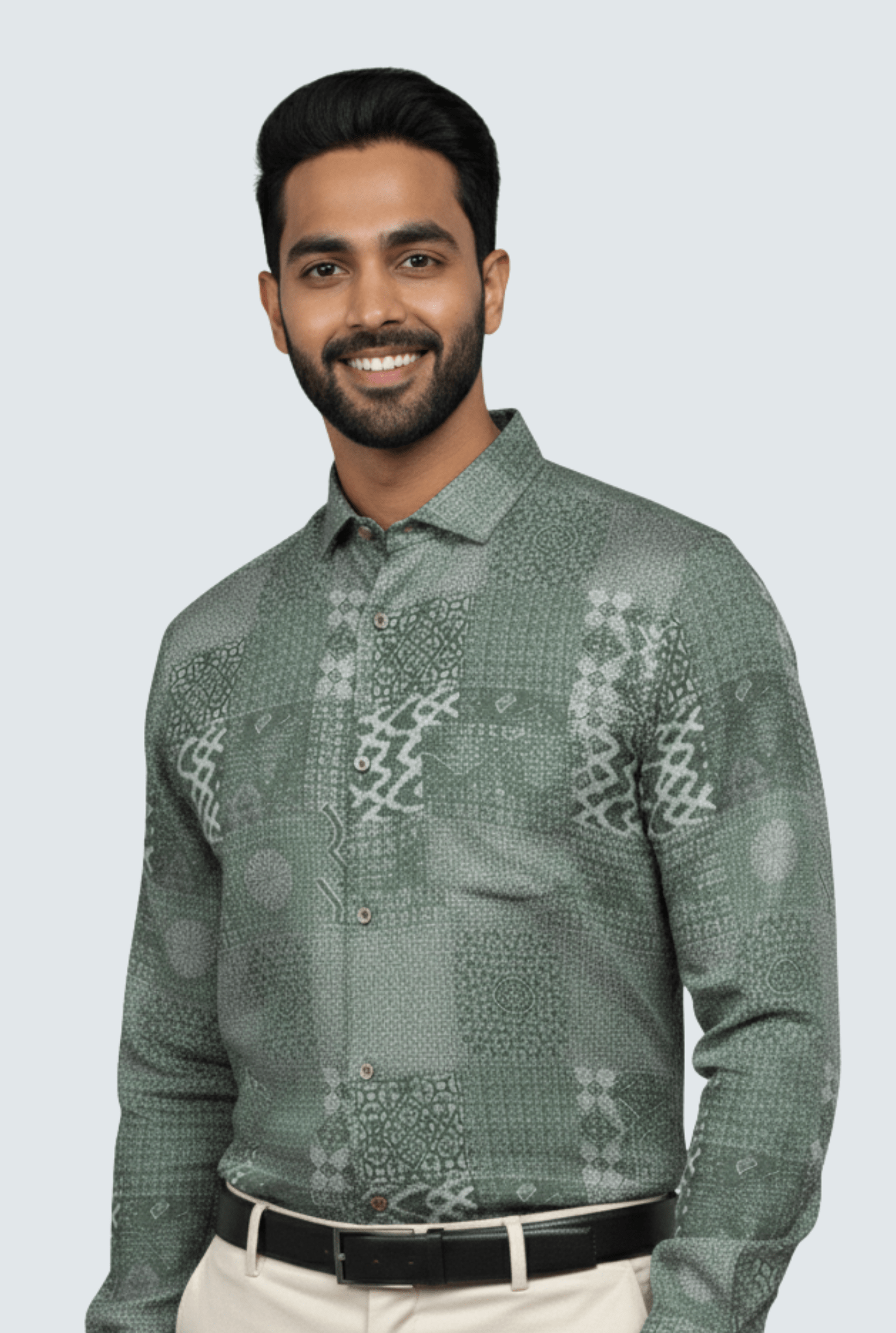 "Men’s Satin Printed Shirt – Green Pattern " A - (1700) - KITES CLUB