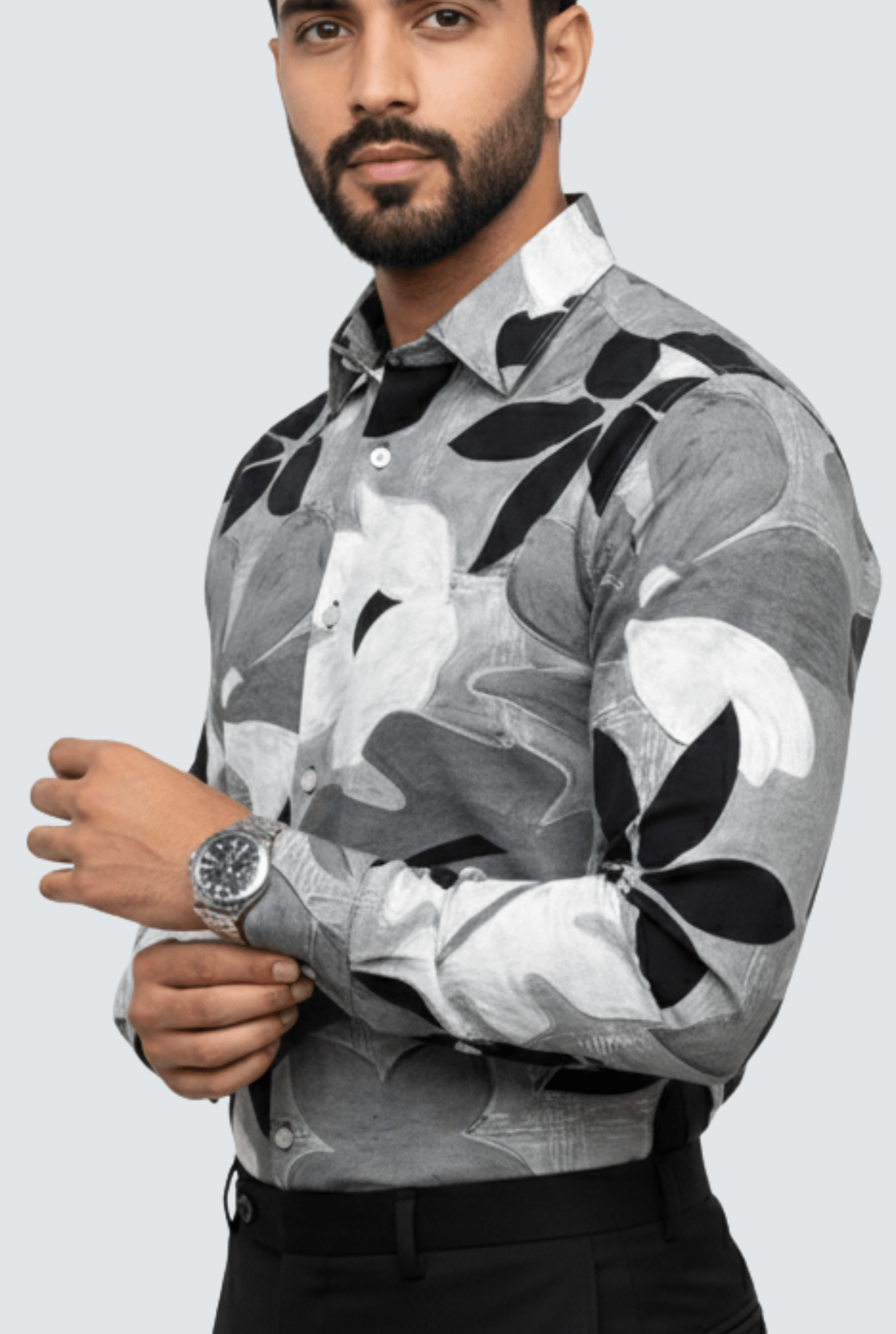 Men’s Satin Printed Shirt – Grey & Black Floral Design( 1798) - KITES CLUB