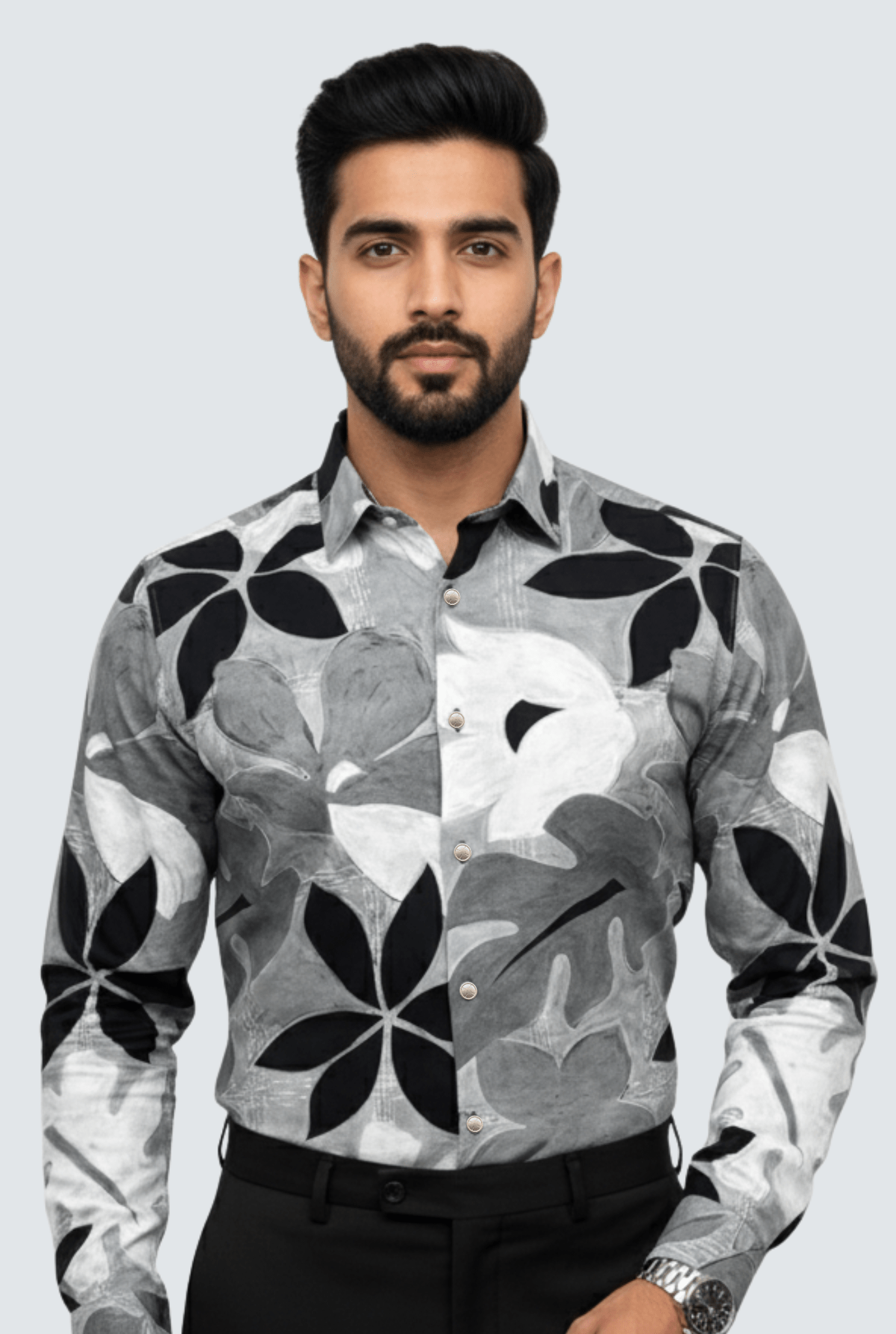 Men’s Satin Printed Shirt – Grey & Black Floral Design( 1798) - KITES CLUB