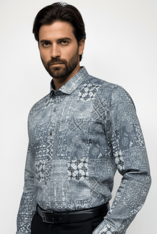 Men’s Satin Printed Shirt – Grey Pattern - Kites Club(1700) - KITES CLUB