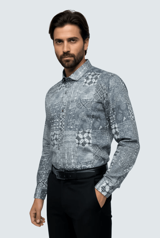 Men’s Satin Printed Shirt – Grey Pattern - Kites Club(1700) - KITES CLUB