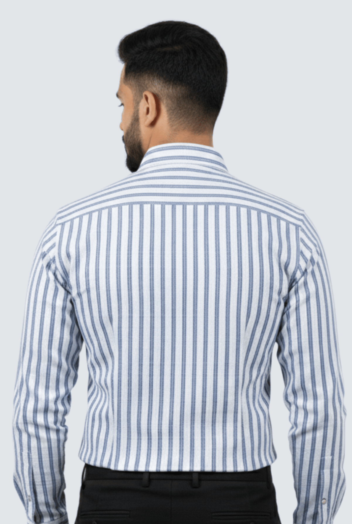 Men's striped cotton button-up shirt, back view with yoke and long sleeves