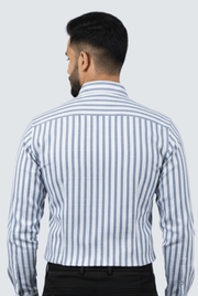 Men's striped cotton button-up shirt, back view with yoke and long sleeves