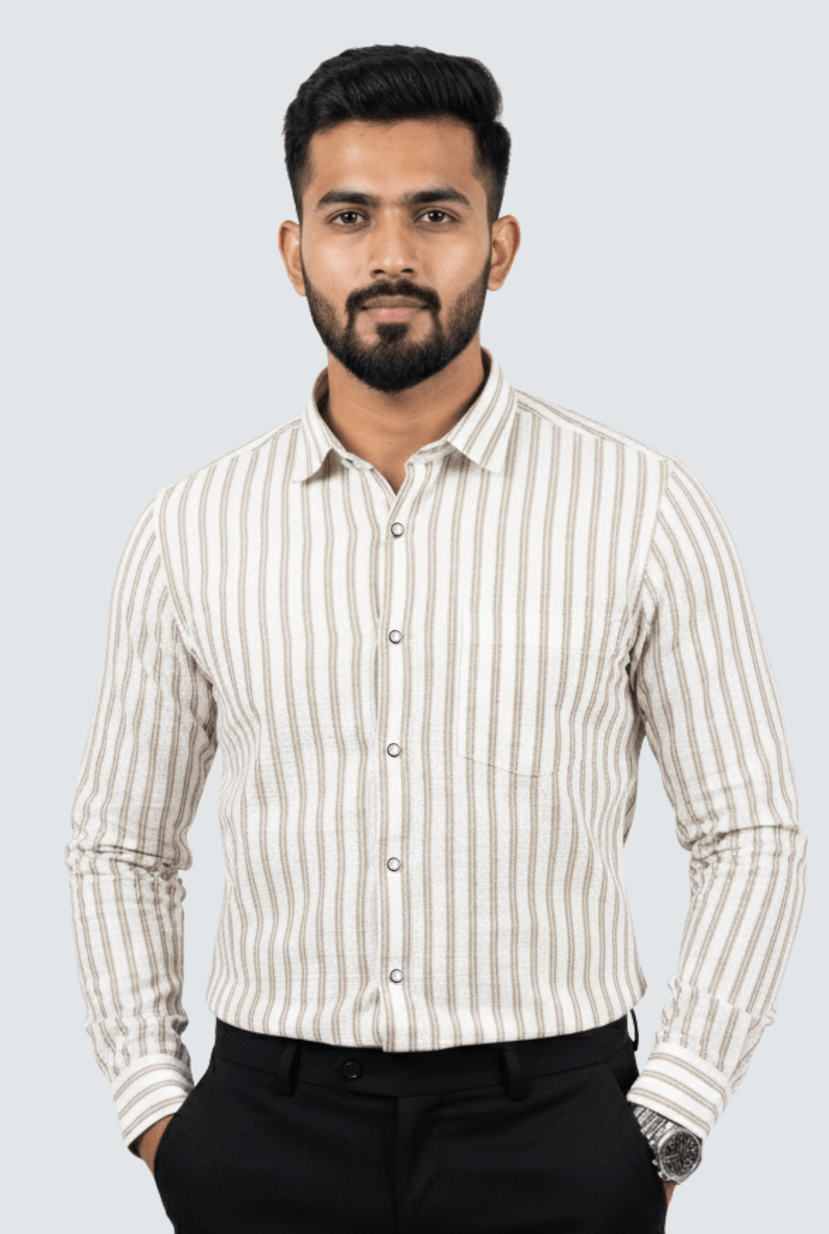 Men's striped cotton button-up shirt in fawn with long sleeves