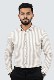 Men's striped cotton button-up shirt in fawn with long sleeves