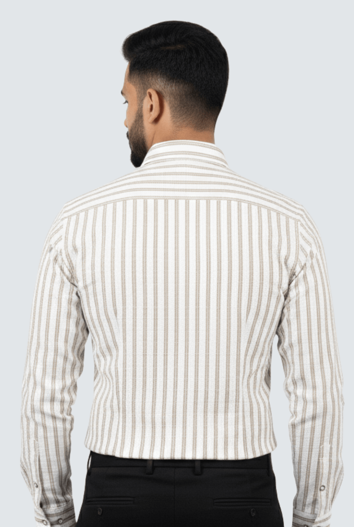 Men's striped cotton shirt back view with long sleeves and buttoned yoke
