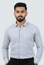 Men's striped cotton button-up shirt, sky blue and white, long sleeves