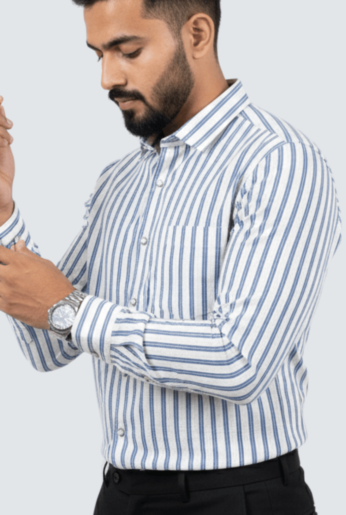 Men's striped cotton button-up shirt, side view with button placket and cuff