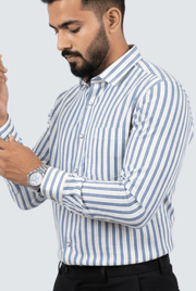 Men's striped cotton button-up shirt, side view with button placket and cuff